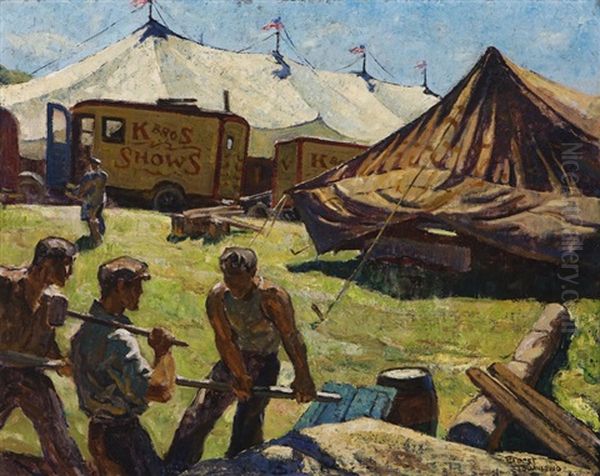 Circus In (town) Maine, Men Setting Up Circus Tents Oil Painting by Ernest Townsend