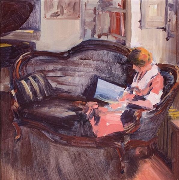 Woman On Sofa Reading Oil Painting by Harry Everett Townsend