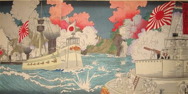 La Guerre Sino Japonaise (30 Triptychs) Oil Painting by Chikanobu Toyohara