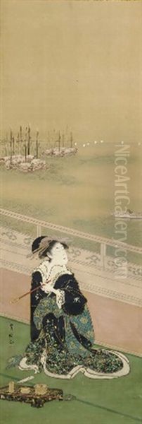 Courtesan Smoking On A Verandah Overlooking A Bay Oil Painting by Utagawa Toyokuni (Toyokuni I)