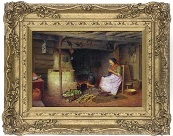 Knitting Beside The Kitchen Hearth Oil Painting by Henry Edward Spernon Tozer