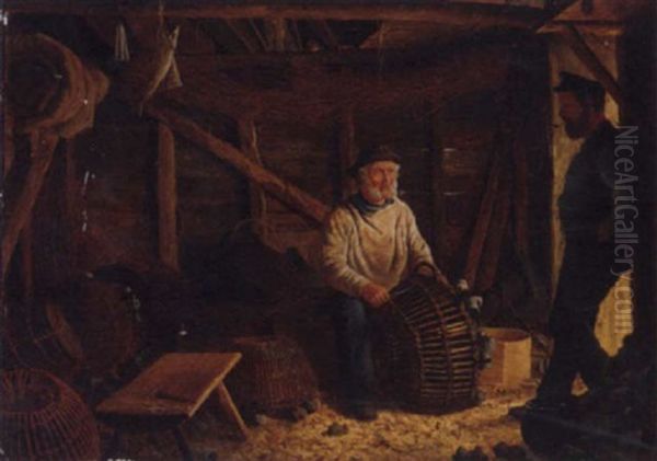 Mending The Lobster Pots Oil Painting by Henry Edward Spernon Tozer