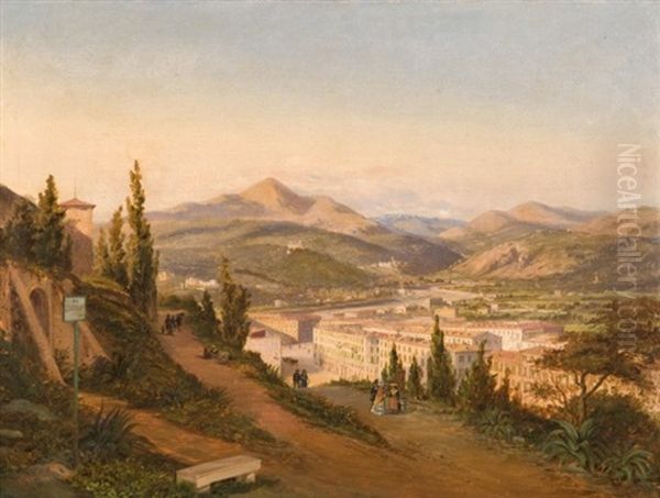 La Vallee Du Paillon Vue De La Route De Genes  (+ Le Port, La Citadelle, Le Vieux-nice Et La Baie Des Anges Vus De La Grande Corniche; Pair) Oil Painting by Ercole (Hercule) Trachel