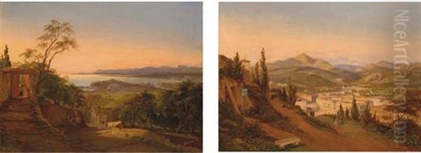 Nice, Le Port, La Citadelle, Le Vieux-nice Et La Baie Des Anges, Vus De La Grande Corniche (+ La Vallee Du Paillon Vue De La Route De Genes; Pair) Oil Painting by Ercole (Hercule) Trachel