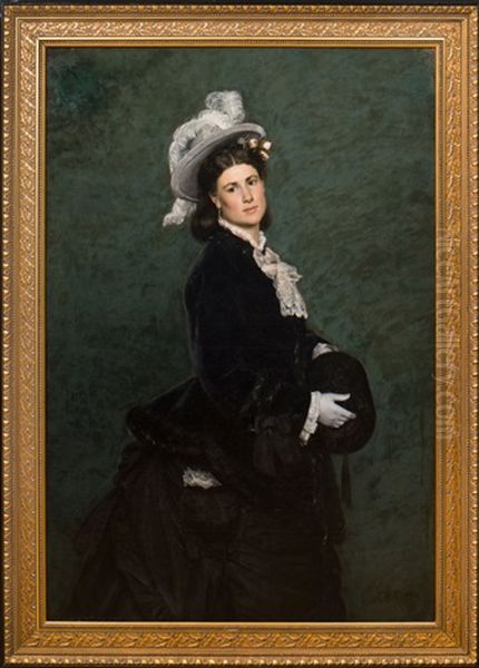 Portrait Of A Woman In A Feathered Hat Oil Painting by John Martin Tracy