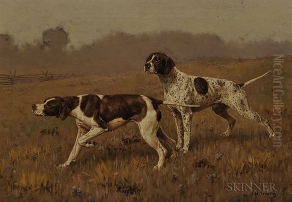 Two Hunting Dogs In A Landscape Oil Painting by John Martin Tracy