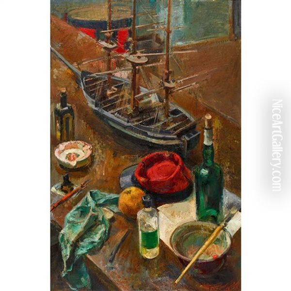 Ateliertisch Mit Schiff Oil Painting by Friedrich Traffelet