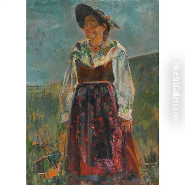 Junge Trachtenfrau Auf Einer Wiese Oil Painting by Friedrich Traffelet