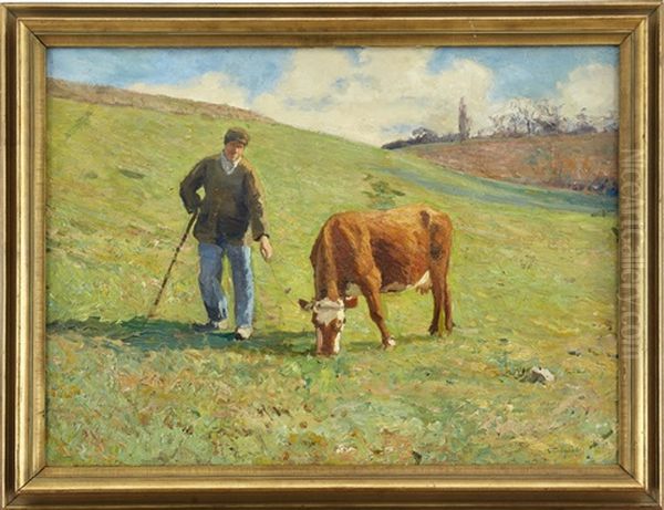 Man Med Betande Ko Oil Painting by Carl Ludwig Traegardh