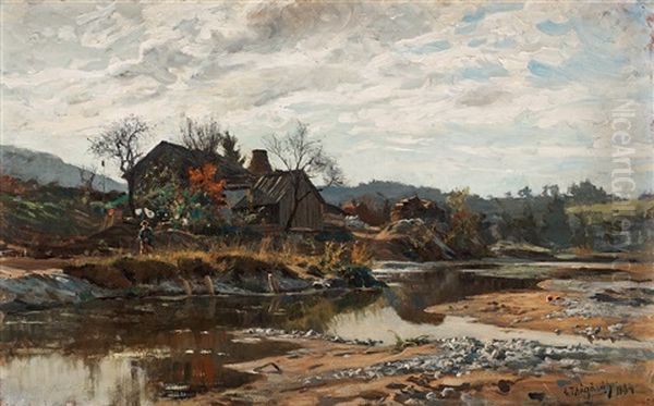 River Landscape With A Boy By A House (probably A Scene From The River Isar In Bavaria) Oil Painting by Carl Ludwig Traegardh