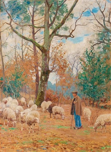 Autumn Landscape With Shepherd Oil Painting by Carl Ludwig Traegardh