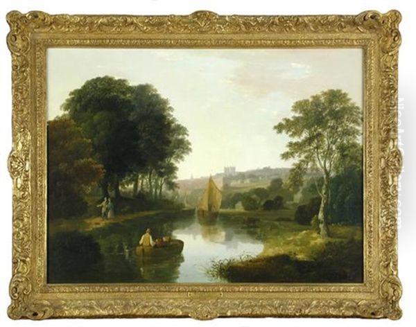 A Man In A Rowing Boat On A River, Exeter Cathedral Beyond Oil Painting by William Traies