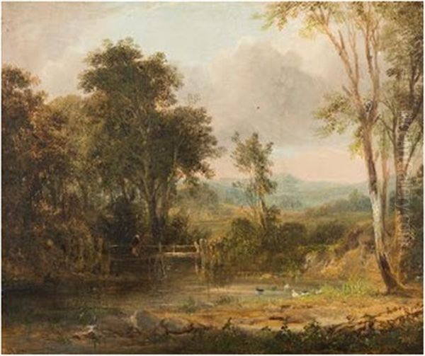 Figure On A Wooden Bridge, A Pond And Ducks In The Foreground; Figures, Horse And Cart Crossing A Bridge (2 Works) Oil Painting by William Traies