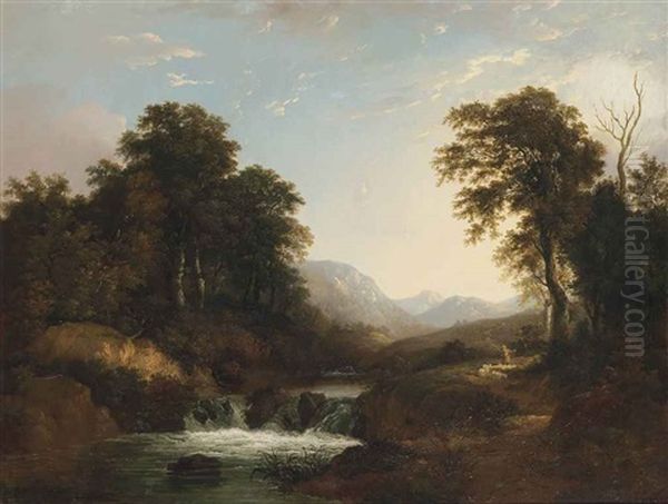 A Shepherd And His Flock By A River Oil Painting by William Traies