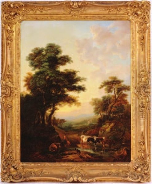 Extensive Landscape, Figures, A Dog And With Cattle Watering In The Foreground Oil Painting by William Traies