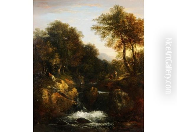 The River Okement, Devon, Fishermen On The Bank Of A Rocky River Gorge, Mountains Beyond Oil Painting by William Traies