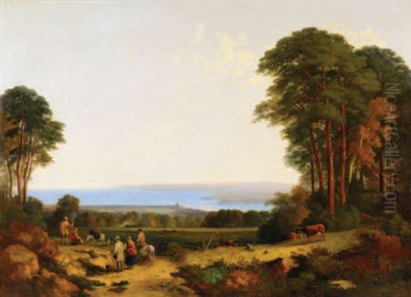 Woodbury Common Looking West Over Exmouth Figures In The Foreground And A View Across The Bay Beyond Oil Painting by William Traies