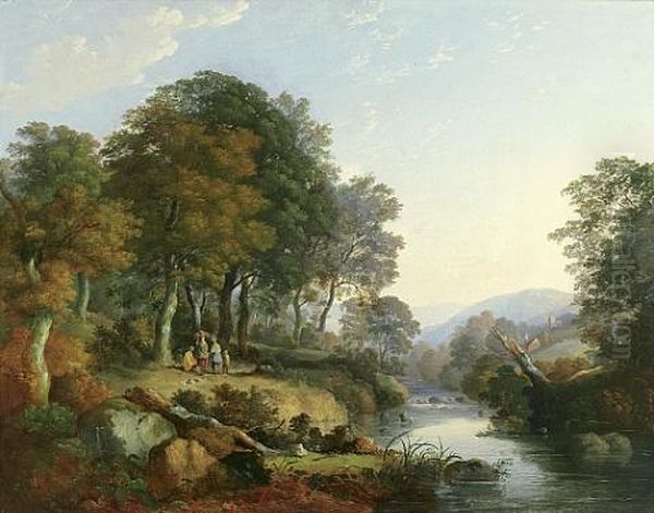 A Wooded Landscape With Travelers By A Stream Oil Painting by William Traies