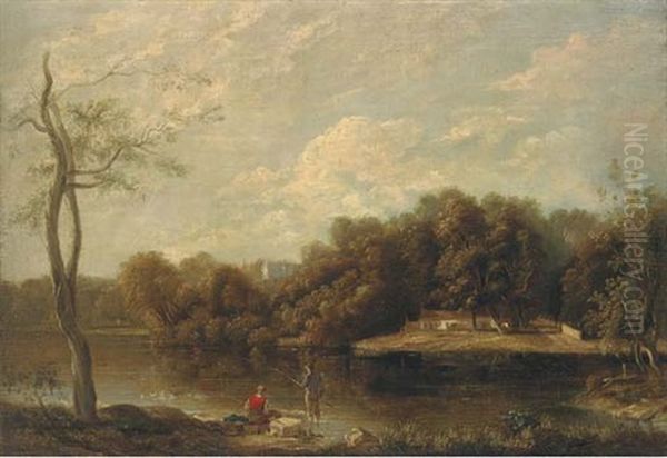 Men Fishing By A River With Woods Beyond Oil Painting by William Traies