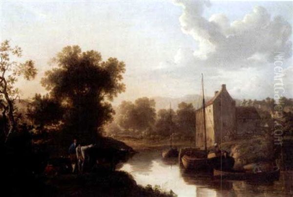 A River Landscape With Barges And A Herdsmen Resting On The Bank With His Cattle Oil Painting by William Traies