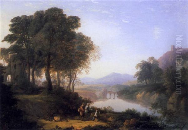 Travellers In A Wooded River Landscape, A Bridge In The Distance Oil Painting by William Traies