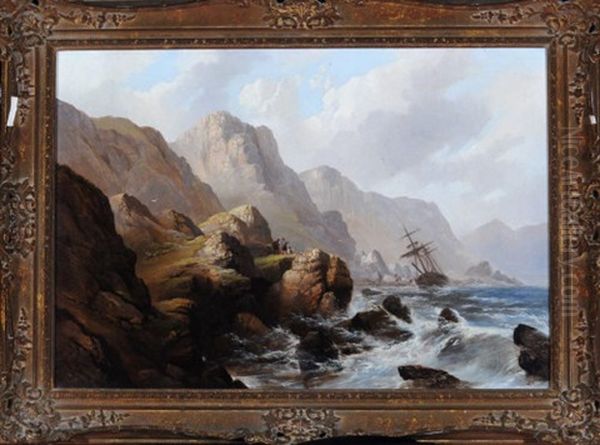 A View On The Scottish Coast With Figures In The Foreground Observing Salvagers And A Wrecked Ship Oil Painting by Edward Train