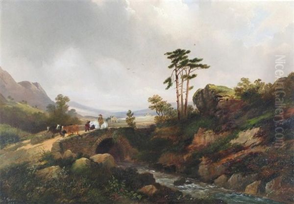 Highland Lake Landscape (+ Highland Scene With Travelers On A Bridge; Pair) Oil Painting by Edward Train