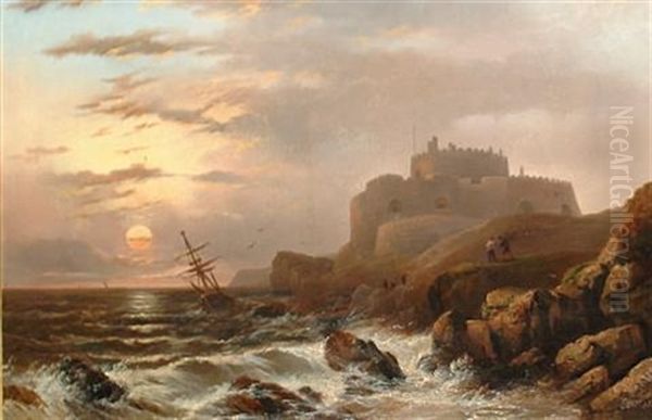 Figures Before A Castle On A Rocky Coast Oil Painting by Edward Train