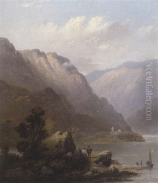 Figures On The Banks Of A Loch Oil Painting by Edward Train