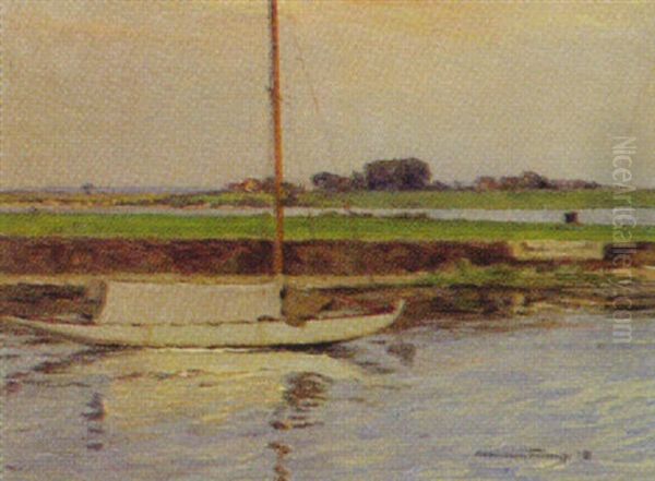 Norddeutsche Landschaft Mit Ankerndem Segelboot Oil Painting by Wilhelm Tramp