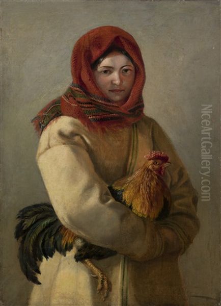 Girl With A Rooster Oil Painting by Alexey Ivanovich Trankovskii