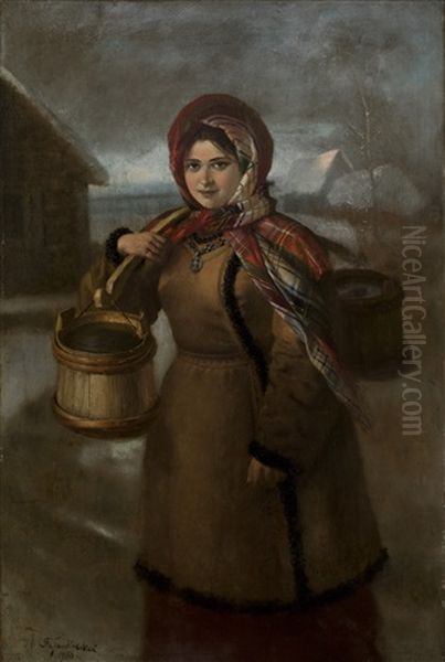 Girl Carrying A Shoulder Yoke With Buckets Oil Painting by Alexey Ivanovich Trankovskii