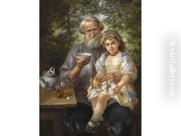 Drinking Tea With Grandfather Oil Painting by Alexey Ivanovich Trankovskii