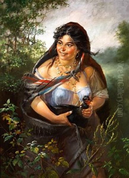 Gipsy Girl With A Black Hen Oil Painting by Alexey Ivanovich Trankovskii