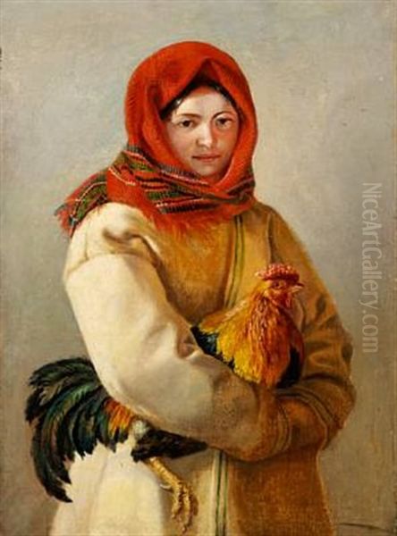 With A Cockerel Oil Painting by Alexey Ivanovich Trankovskii