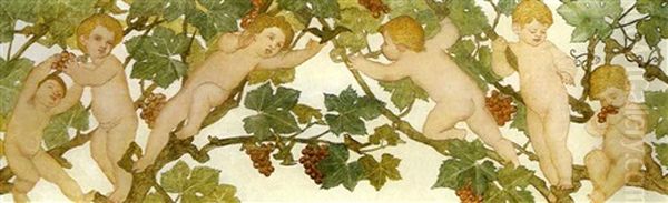 Putti Frolicking In A Vineyard Oil Painting by Phoebe Anna Traquair