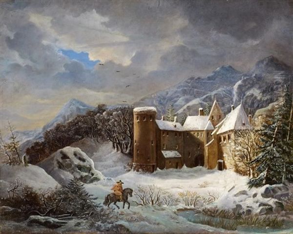 Reiter In Tief Verschneiter Landschaft. Im Hintergrund Eine Burganlage Oil Painting by Franz Trautmann