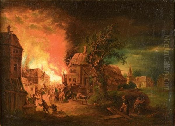 Incendies Nocturnes (pair) Oil Painting by Johann Georg (Georges) Trautmann