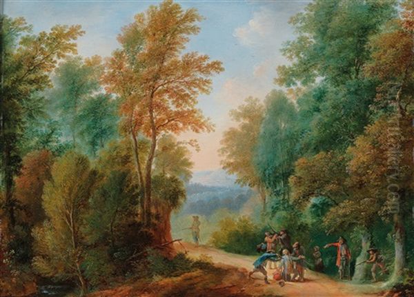 Two Wooded Landscapes With Robbers Oil Painting by Johann Georg (Georges) Trautmann