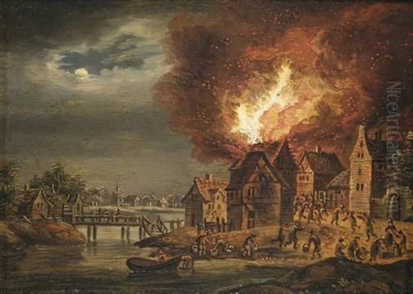 Nachtliche Feuersbrunste In Kleinen Stadtchen Am Fluss (pair) Oil Painting by Johann Georg (Georges) Trautmann