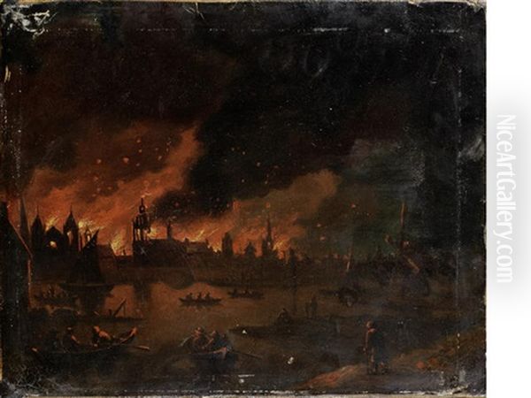 Fire Raging Across A Town At Night Oil Painting by Johann Georg (Georges) Trautmann