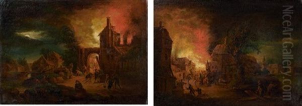 Incendies Nocturnes (pair) Oil Painting by Johann Georg (Georges) Trautmann