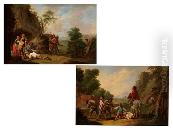 Dert Uberfall (+ Die Verhaftung; Pair) Oil Painting by Johann Georg (Georges) Trautmann