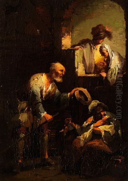 Alter Mann Mit Wanderstab Und Hut Neben Mutter Mit Kind Oil Painting by Johann Georg (Georges) Trautmann