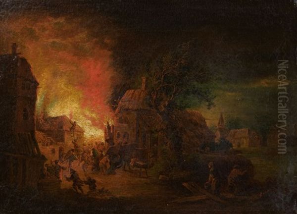 Deux Incendies Nocturnes (pair) Oil Painting by Johann Georg (Georges) Trautmann