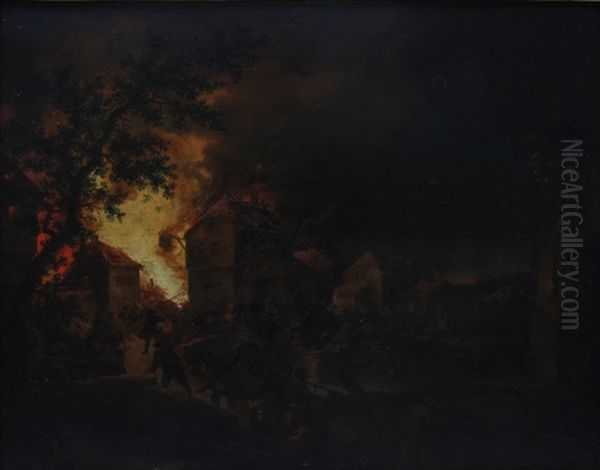 Nachtliches Inferno (+ Another; Pair) Oil Painting by Johann Georg (Georges) Trautmann