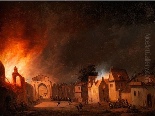 Ansicht Einer Brennenden Stadt Oil Painting by Johann Georg (Georges) Trautmann