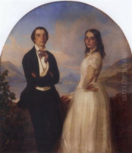 Portrait Of Edmund Knowles Muspratt And Emma Jessie Muspratt In A Lake Landscape Oil Painting by Wilhelm Trautschold