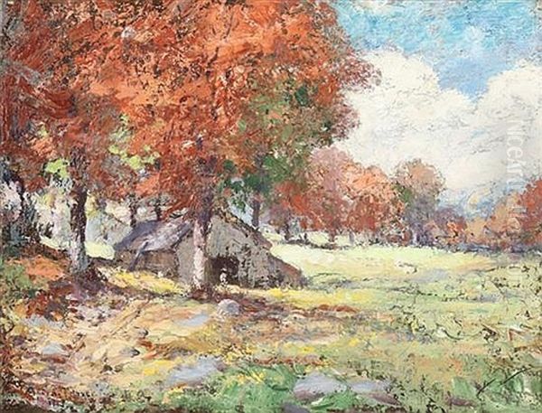 Barn In Autumn Landscape by George A. Traver