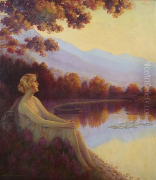 Lady By The Lake At Sunset Oil Painting by George A. Traver